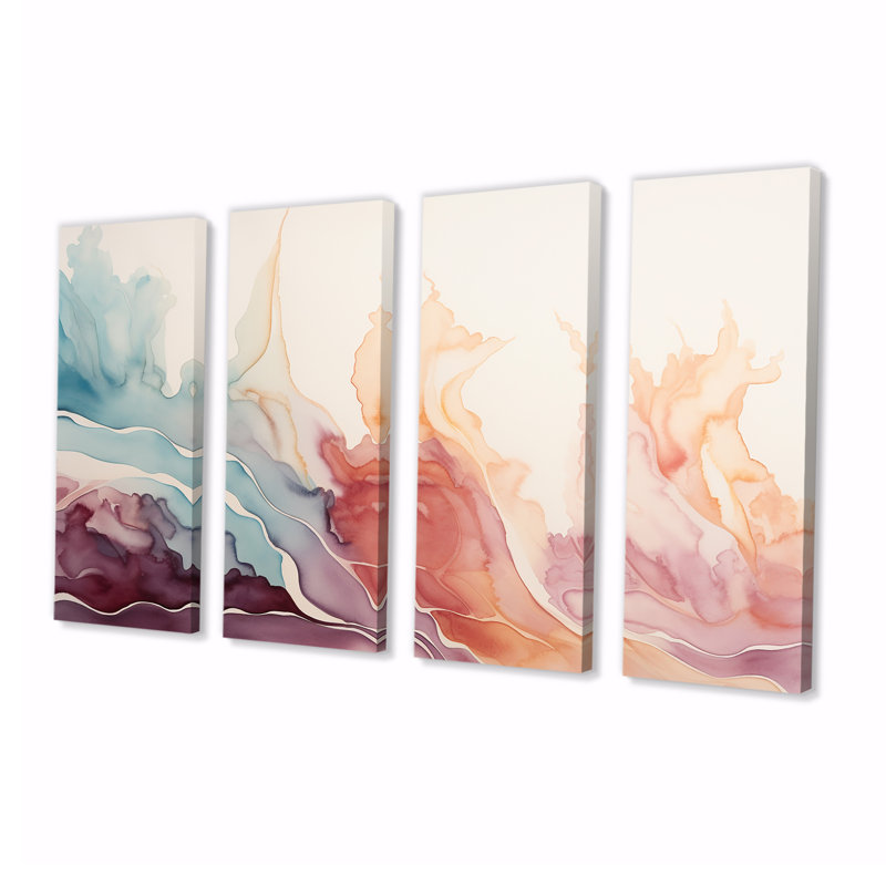 «Sea of Tranquility Subtle Retro Pastels I», art mural abstrait à l'encre liquide, 4 pièces, H 32 po x l 64 po