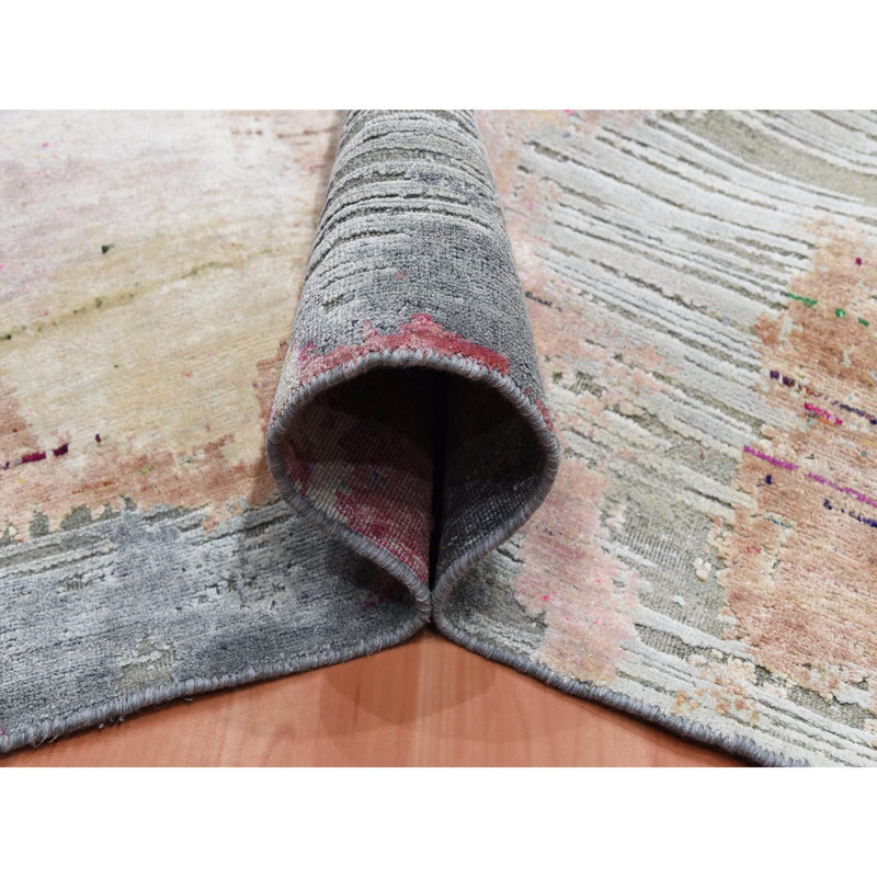 Tapis au design Ã©clectique, 2,74 m x 3,68 m, gris pierre, 100 % soie et laine, nouÃ© Ã  la main, rÃ©fÃ©rence 564206D7D6B042468A419341A03398A0