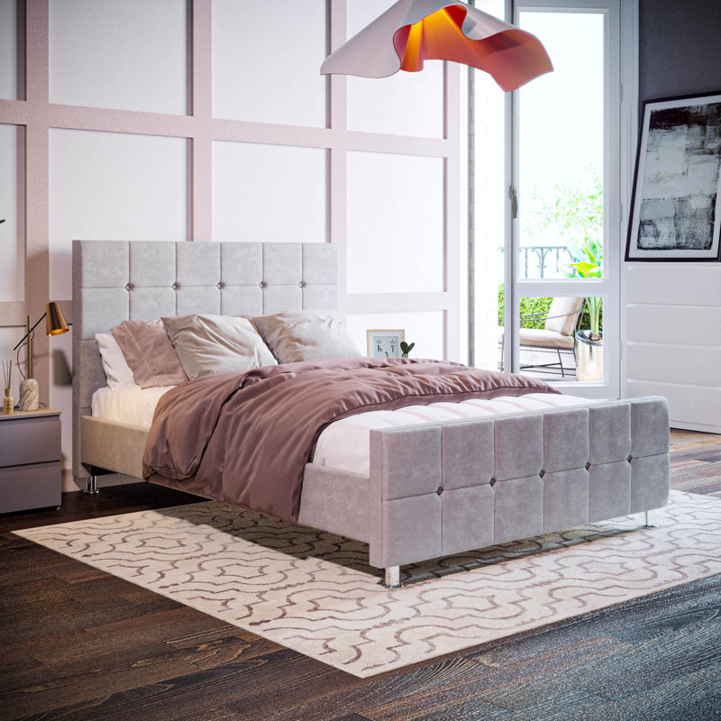 Raul Upholstered Bed Frame, UKFR Certified, Light Grey Velvet, Kingsize (5')	
