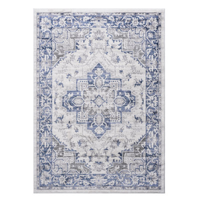 8X10 Non-Shedding Area Rug With Blue/Grey/ Touch, Stain , Suits Bedroom, Living Room, Dining Space Look
