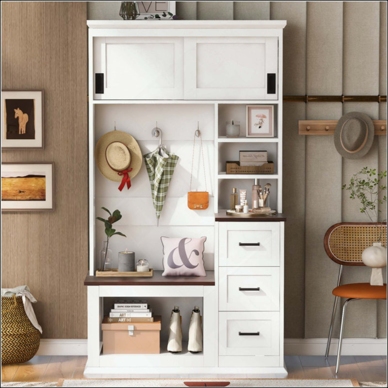 Modern Contrast Finish Hall Tree with Storage Bench, Multi-Zone Entryway Organizer with Lockable Cabinets, Open Shelves, 3 Drawers & Sturdy Coat Hooks, Anti-Tip MDF Hallway Furniture