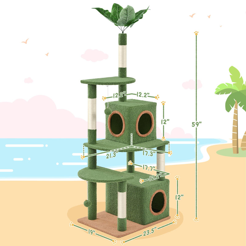 59In Palm Cat Tree, Cute Cat Tower W/Green Palm Frond, Spacious Platform, Double-Level Cat Condo, Scratching Posts, Fluffy Balls For Cat Kitty, Multi-Level Large Cat Tree For Indoor Cats