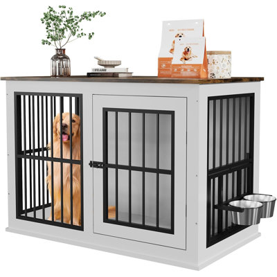 Meuble pour cage de 101,6 cm (40 pouces), table d'appoint en bois avec gamelles amovibles et pieds ajustables, niche intérieure pour chiens moyens et grands, blanc vintage