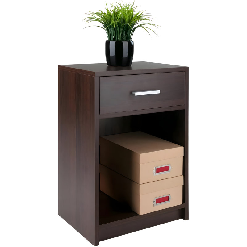 Table d'appoint moderne en bois avec tiroir et armoire ouverte pour un rangement polyvalent