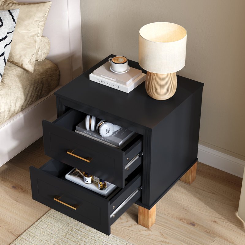 Table de chevet 2 tiroirs, rangement en bois de qualité supérieure avec design cannelé élégant, Black