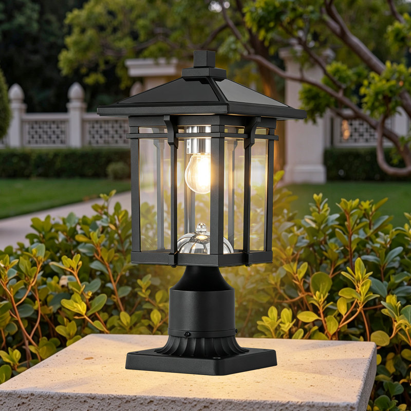 Lanterne solaire extérieure sur poteau, allumage automatique crépusculaire, en aluminium noir mat avec verre transparent (ampoule incluse)