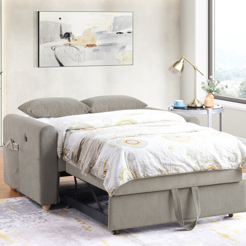 Causeuse convertible en velours côtelé de 55 po de largeur avec ports USB, poches pour magazines et coussins, Gris