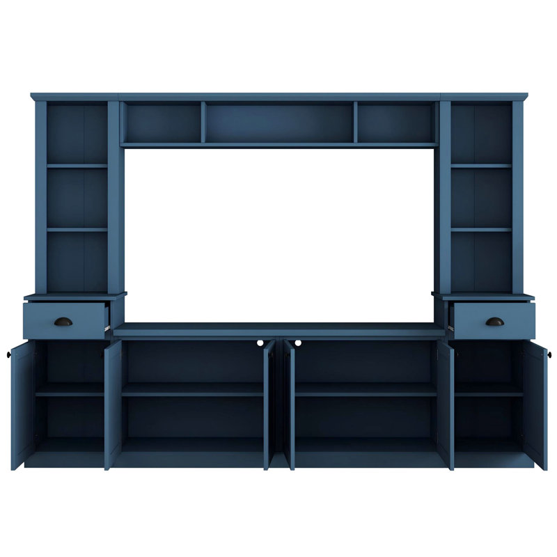 Grand meuble télé bleu pour téléviseur de 75 po, hauteur réglable contemporaine, unité murale de divertissement dans le salon moderne avec pont