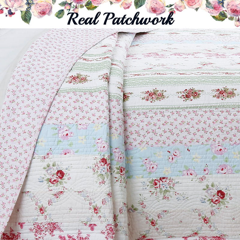 Modern & Contemporary Cotton Floral Quilt, Queen Quilt + 2 Standard Shams