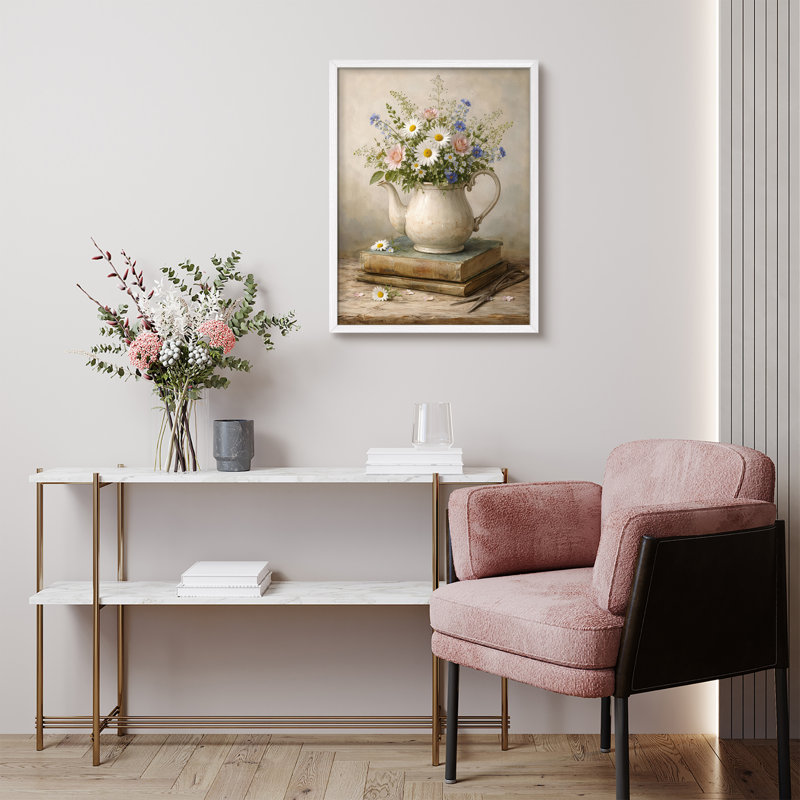 Vintage Floral Teapot Still Life Framed Wall Art Prints - Rustic Flower Arrangement Living Room Kitchen, H 14 po x l 11 po