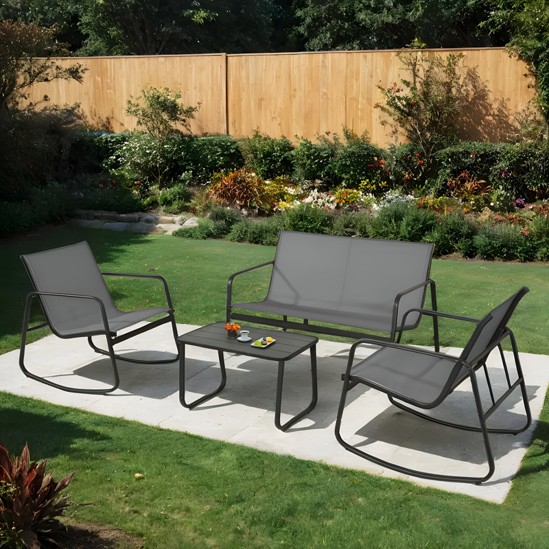 4-Piece Patio Furniture Set, Outdoor Textilene Conversation Set With Rocking Chairs & Loveseat, With Coffee Table For Garden, Balcony, Poolside, Backyard Lightweight, Water-Resistant & UV-Resistant
