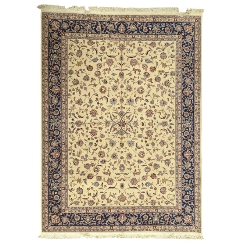 Tapis ivoire et bleu marine noué à la main de haute qualité