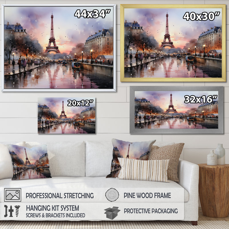 «Pink Twilight Rendezvous In Paris III» - Art mural, parcs d'attractions, H 12 po x l 20 po x P 1 po, Cadre flottant blanc