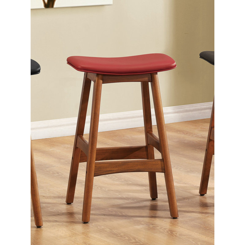 Tabourets de comptoir Mid-Century modernes en similicuir et bois massif (ensemble de 2), Rouge