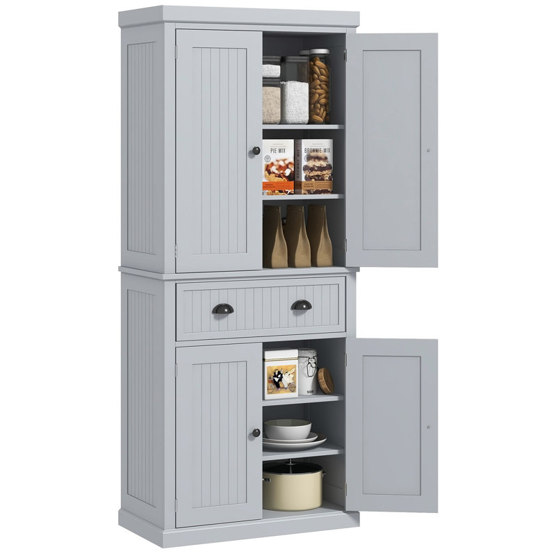 Armoire de cuisine traditionnelle avec 4 portes, tablettes réglables et grand tiroir central, Gris clair