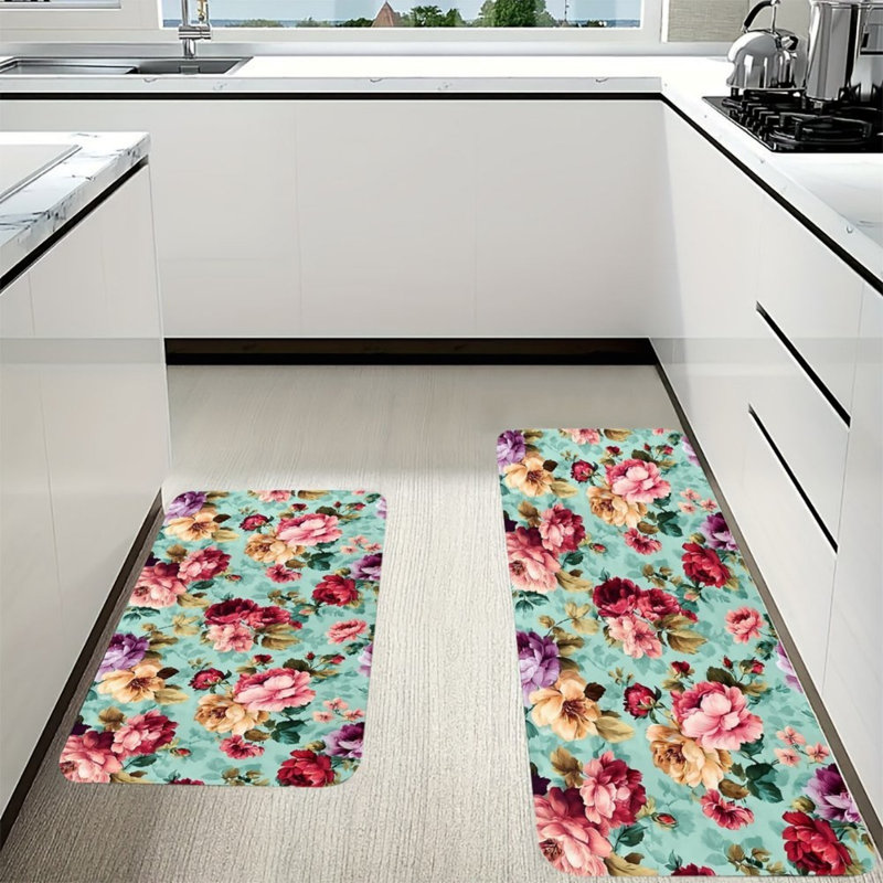 Turquoise Floral Kitchen Mats 2 PC Kitchen Corridor