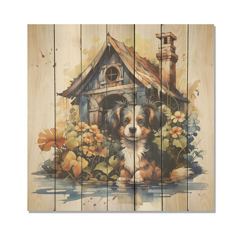 «Puppy Doghouse Blooms II» - impression sur bois, H 30 po x l 30 po