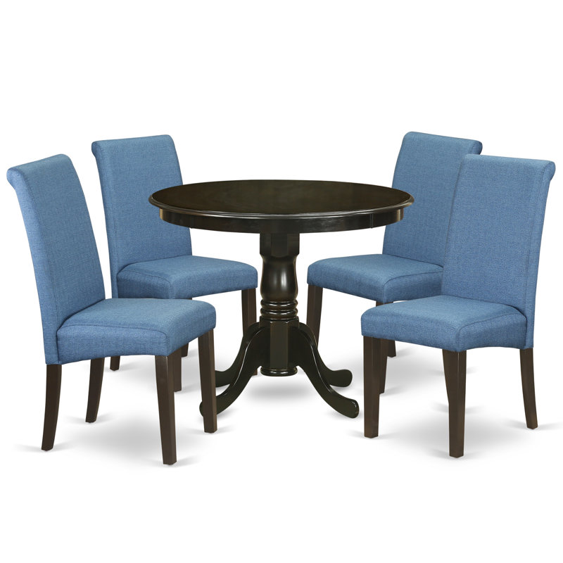 5 Piece Dining Table Set for 4 Includes a Round Kitchen Table with Pedestal and 4 Blue Color Linen Fabric Dining Chairs, Cappuccino