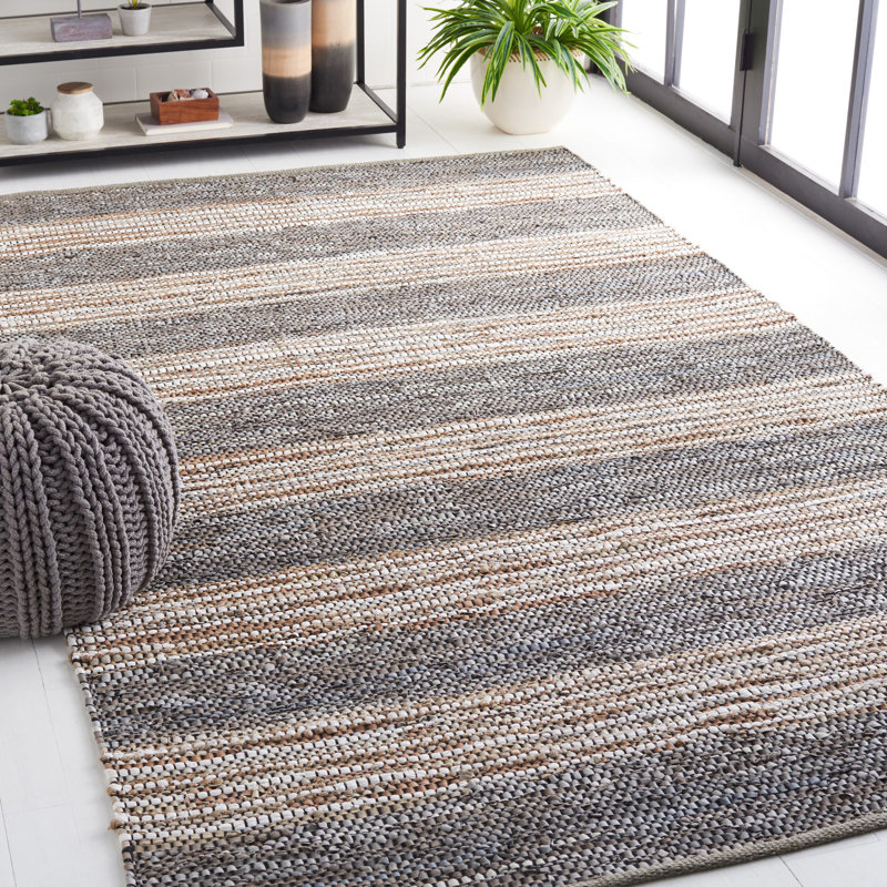 Gerelene Vintage Leather Hand Woven Leather/Jute Striped Rug in Grey/Natural, Rectangle 5' x 8'