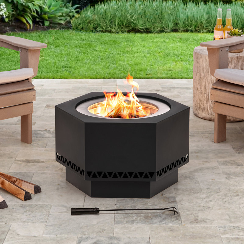 Sunjoy Smokeless Fire Pit, Hexagonal Outdoor Fire Pit, Wood Burning Fire Pit PVC Cover and Fire Poker, Ideal for Camping, Bonfire, Patio and Backyard, Black