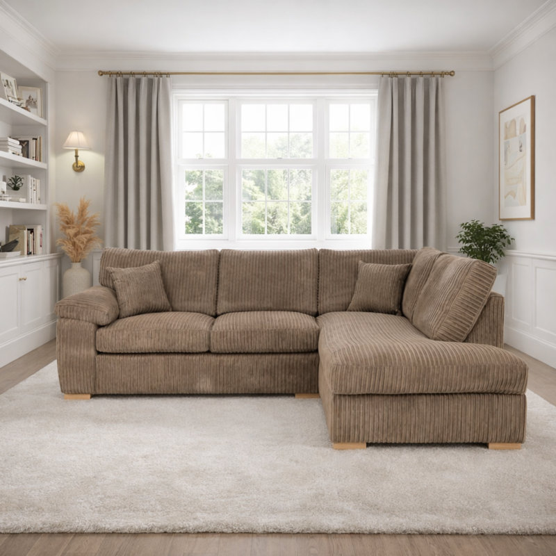 4 Seater Corduroy Sofa & Chaise, Beige, Right Hand Facing