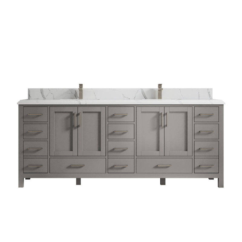 Elephant Skin Gray Double Sink Freestanding Solid Wood Vanity with Quartz Top
