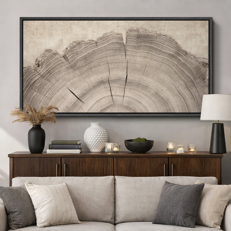 Grande impression sur toile encadrée - Anneaux d'arbre pour décoration intérieure moderne, Noir, H 30 po x l 60 po