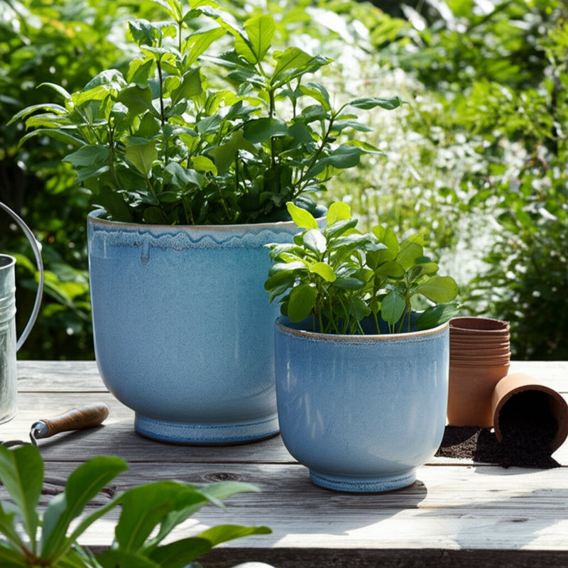 Ceramic Stoneware Planter Pots With Drainage Holes And Glossy Glazed Finish Set Of 2, 10" H x 12" W x 12" D