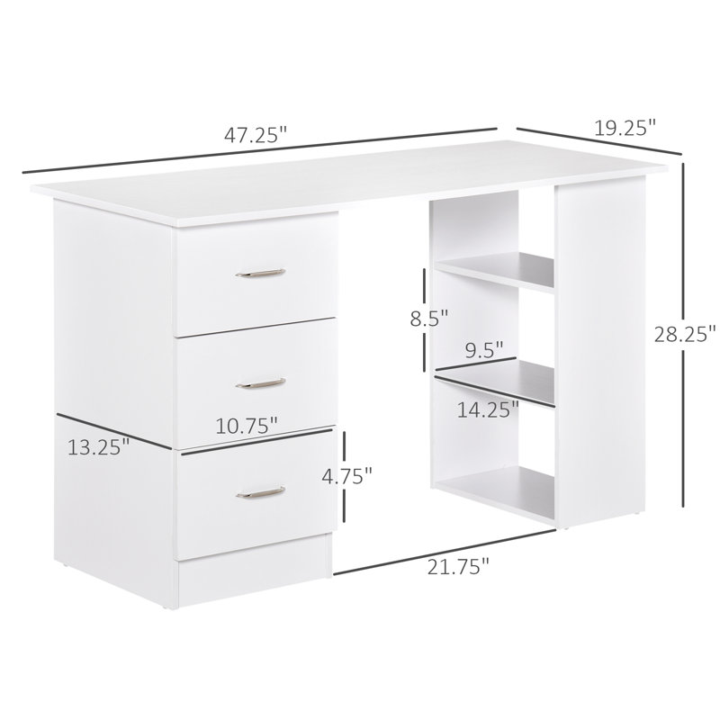 47" Modern Home Office Computer Desk Bookcase Combo Writing Table Workstation With 3 Drawer And Storage Shelf - White