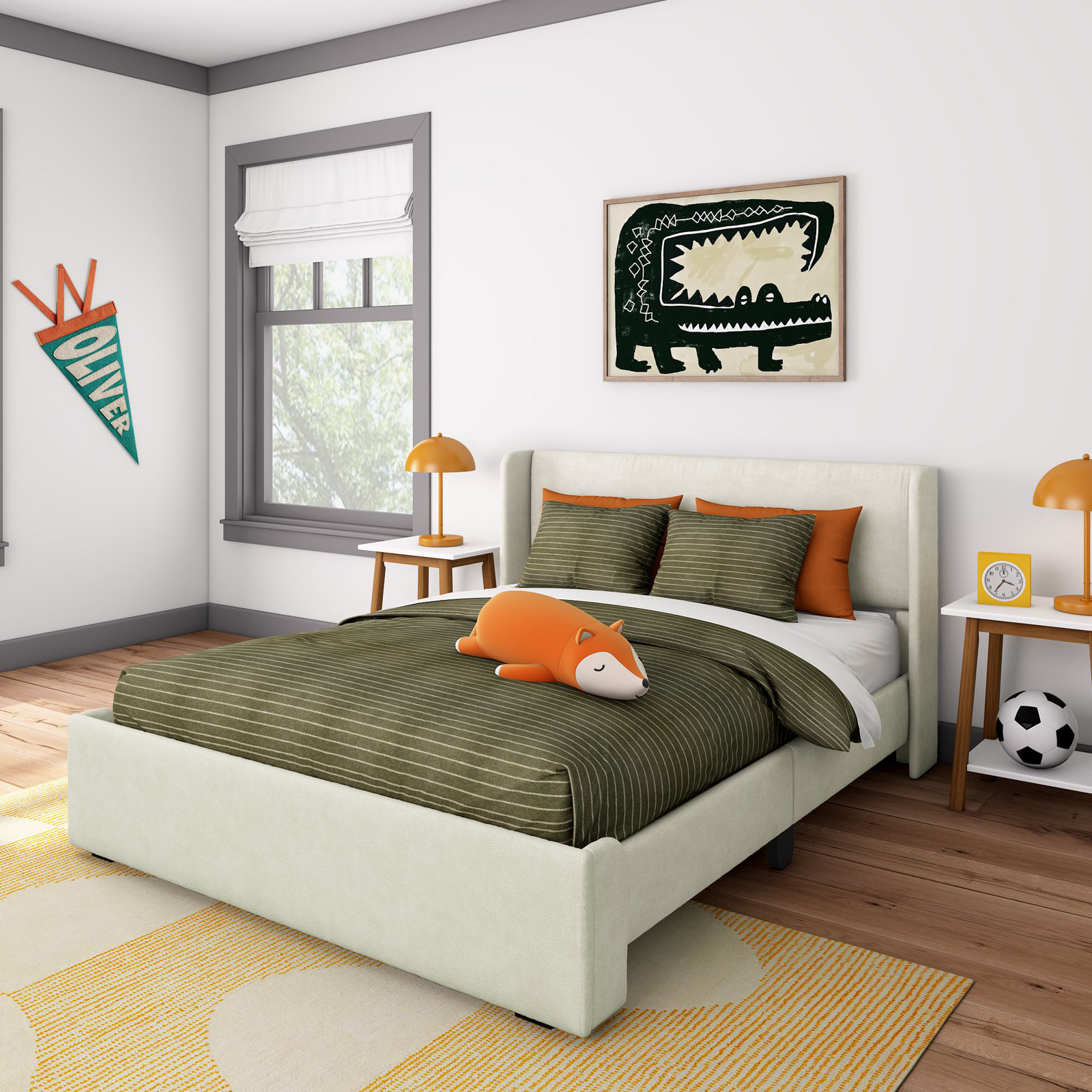 Solid Wood Upholstered Panel Bed, Cream, Queen