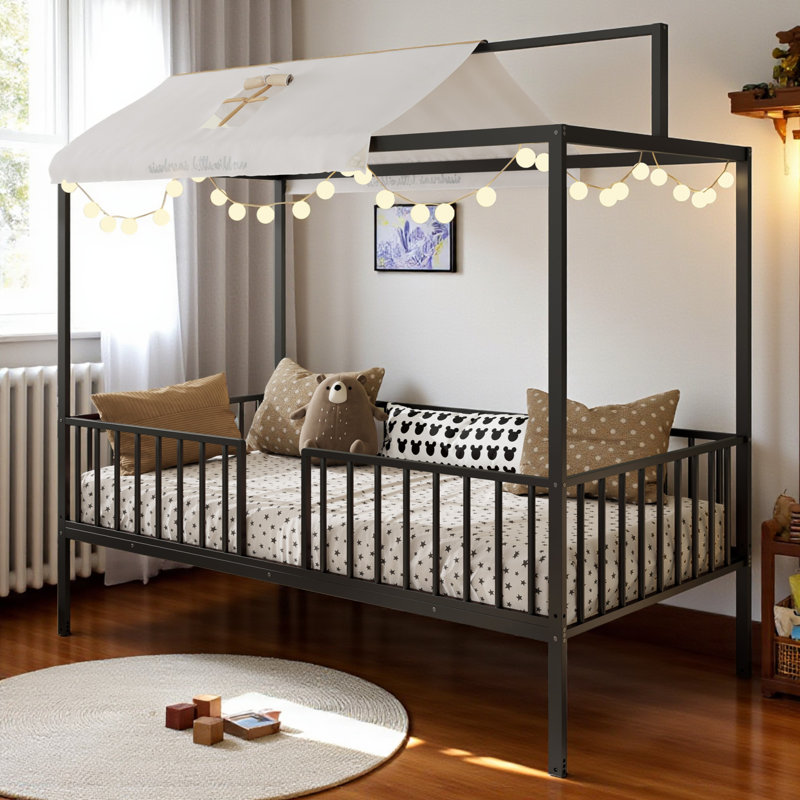 Metal Canopy Bed With Removable Fence, Twin, Black