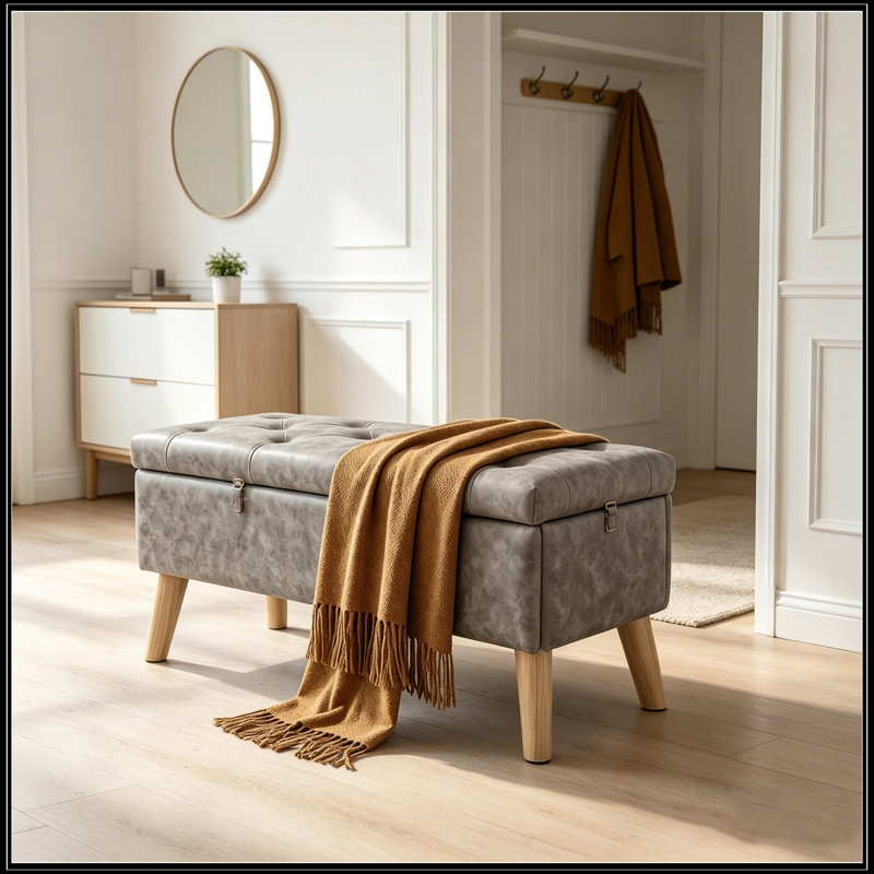 Banc rembourré avec siège capitonné et pieds robustes, Gris