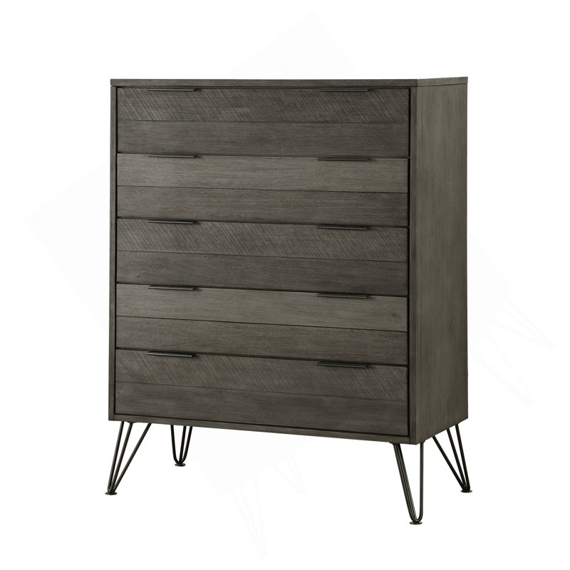 Commode de chambre contemporaine à trois tons de finition grise avec pieds en métal et placage d'acacia