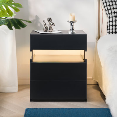 Table de chevet moderne à 3 tiroirs avec lumière DEL 19,7 po