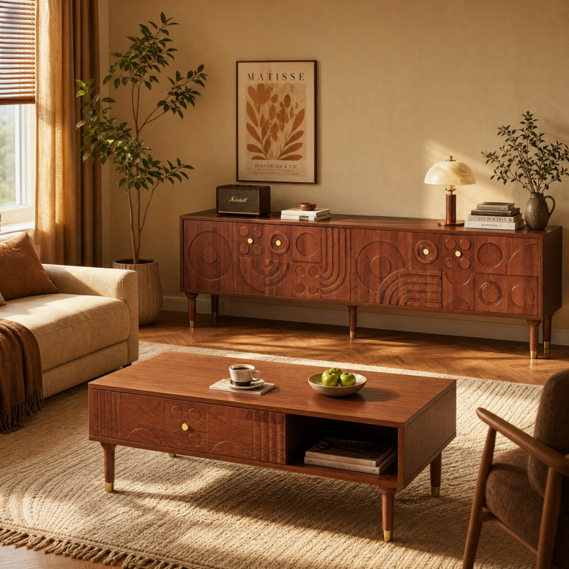 66.9" Media Console & 47.2" Coffee Table Set, Mid-century Carved Wood Living Room Set With Geometric Relief, Walnut Finish Entertainment Center & Storage Coffee Table With Gold Accents