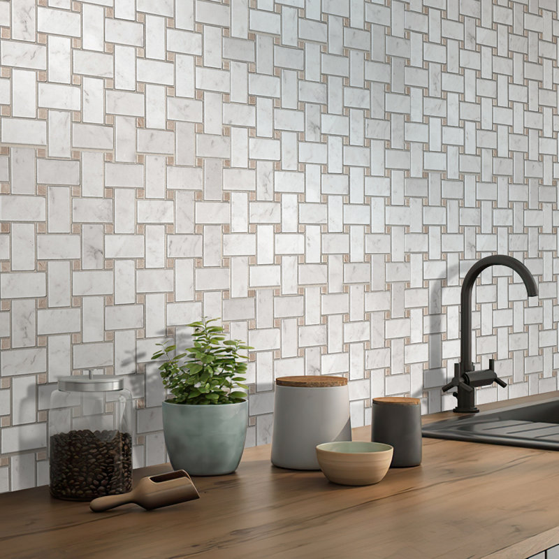 12" x 12" Natural Stone Basketweave Mosaic Wall & Floor Tile, White Beige