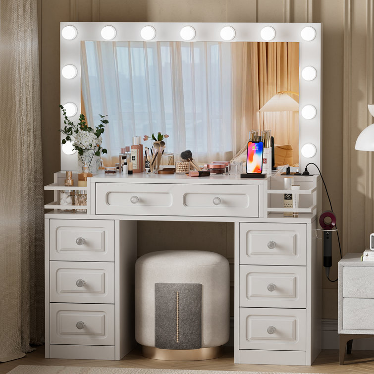 Latitude Run® Lunell Farmhouse Makeup Vanity Desk with Lighted