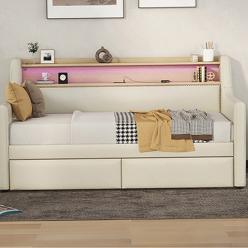 Lit de jour simple avec tiroirs de rangement, lit de jour rembourré avec station de charge et lumières DEL, Beige