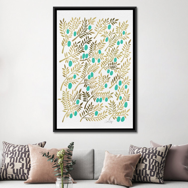 « turquoise olive branches », impression sur toile tendue artprint, Toile encadrée noire, Pas de tapis