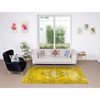 Tapis turc fabriqué à la main 5,2 x 8,3 pi surteint en jaune
