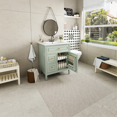 30" Bathroom Vanity with Sink, Bathroom Vanity Cabinet with One Flip Drawer and Two Drawers, Adjustable Shelf, Solid Wood and MDF, Green
