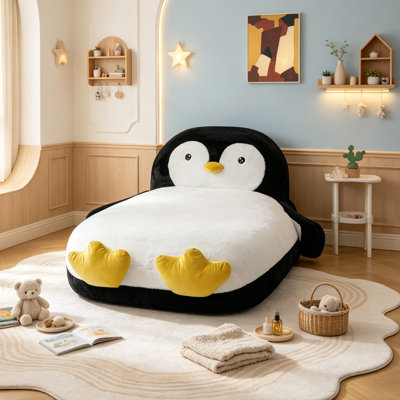 Penguin Upholstered Bed with Headboard for Kids Boys Girls , Cute Low Platform Bed for Bedroom Playroom Sleepover Slumber Party, No Assembly, Twin Size, White+Black