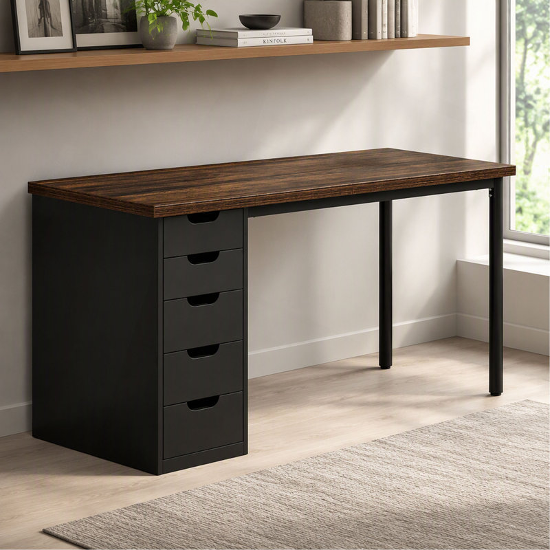 Bureau d'ordinateur 47 po avec 5 tiroirs et armoire réversible, bureau rustique et personnel avec rangement, table d'écriture moderne pour petits espaces