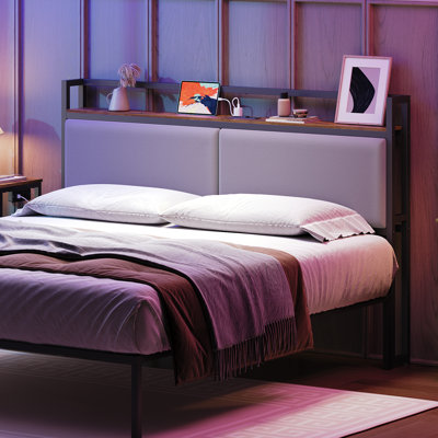 Upholstered Headboard with Charging Station and Open Storage