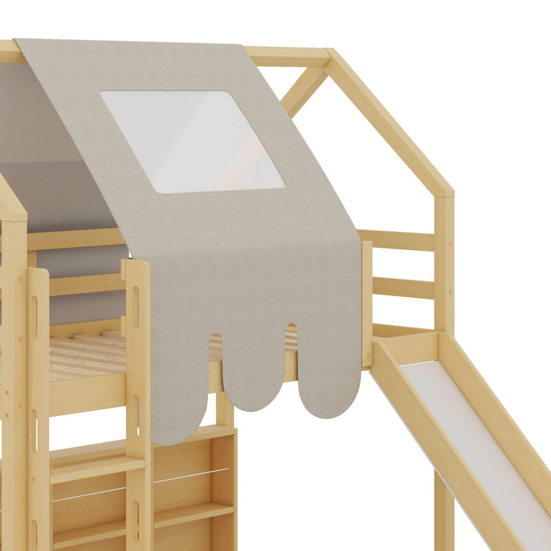 Lit mezzanine simple en bois avec tente, Naturel / Beige