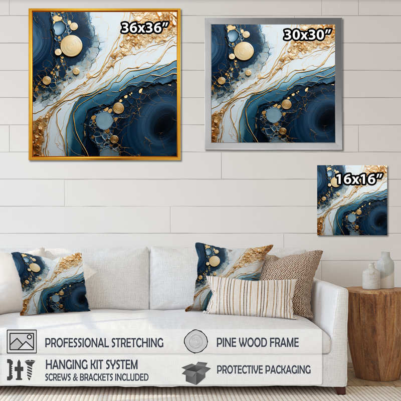 «Blue and Gold Marble River I», art mural abstrait à encre liquide, Cadre flottant doré, H 30 po x l 30 po x P 1,5 po