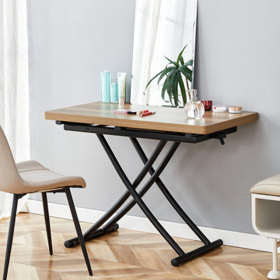 Table élévatrice avec texture en bois naturel, bureau de 0,8 po, pieds en métal noir, pour bureau, bureau et vinaigrette, grain d'épaisseur multifonctionnel moderne à hauteur réglable, café, salle à manger, travail, pieds