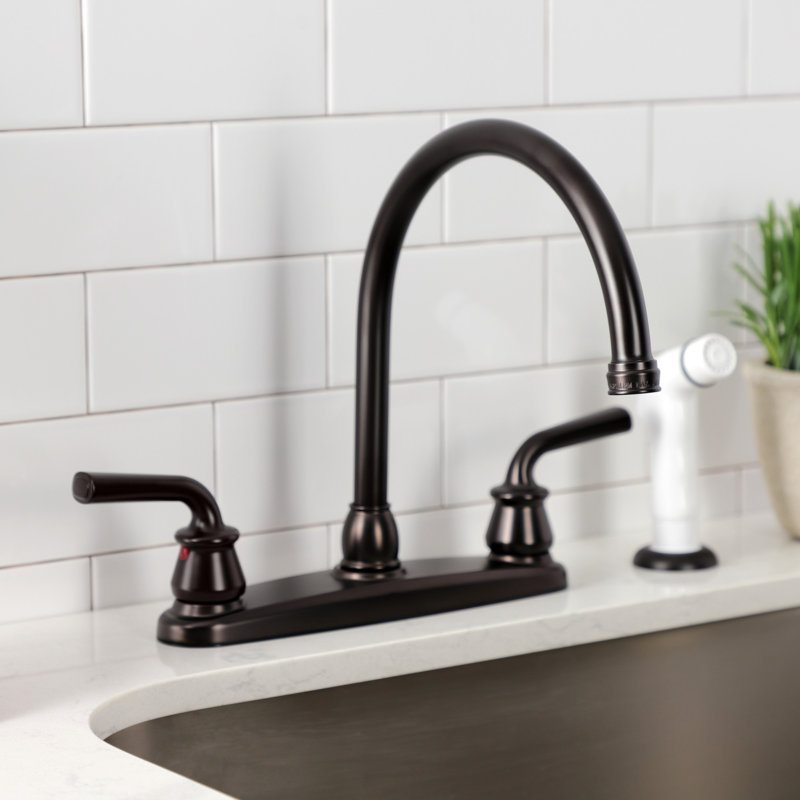 Kingston Brass Restoration Two-Handle 8" Centerset Kitchen Faucet, With Side Spray, Oil Rubbed Bronze/White