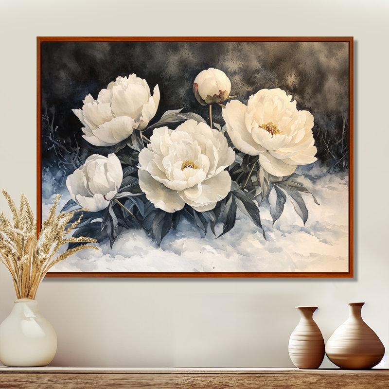 Neige pivoines dans la forêt II - pivoines, art mural sur toile, H 24 po x l 32 po, Cadre flottant, Brun