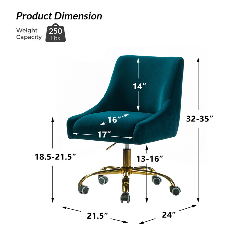Chaise de travail Westlyn avec velours et double roue, Bleu sarcelle, Velours